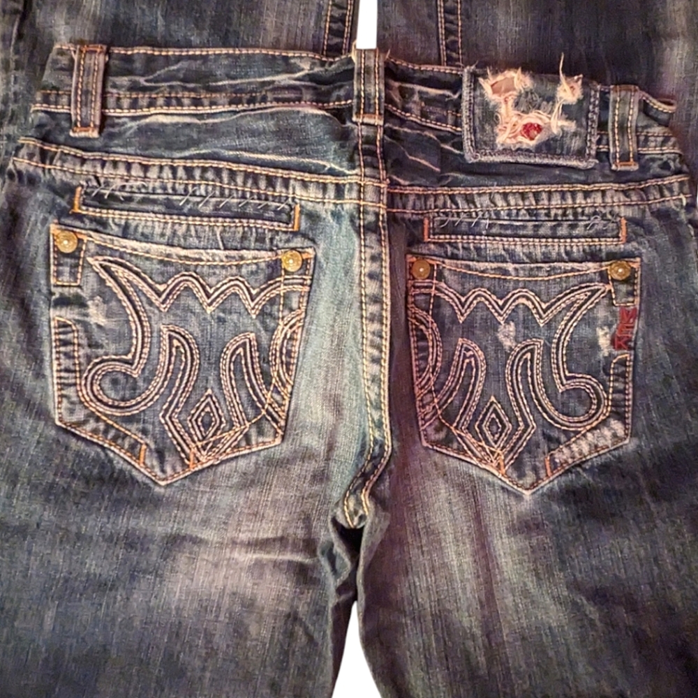 MEK Denim USA MYKONOS Boot Cut COTTON Distressed Jeans Vintage Embroidery 34x34"
